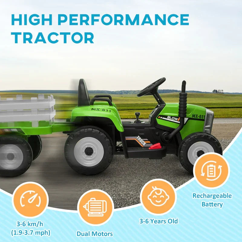 12V Ride on Tractor with Trailer, 25W Dual Motors, Battery Powered Electric Tractor with Remote Control