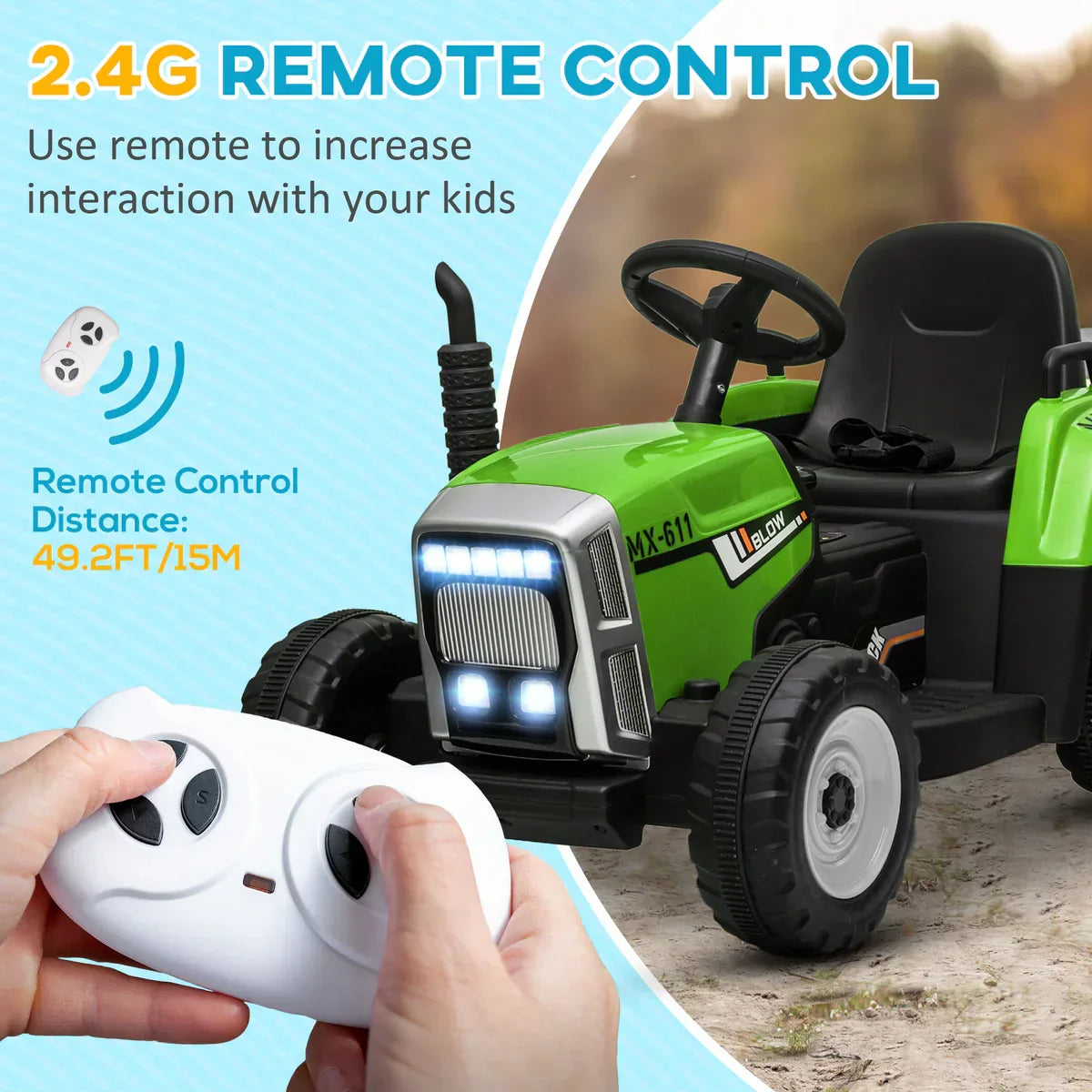 12V Ride on Tractor with Trailer, 25W Dual Motors, Battery Powered Electric Tractor with Remote Control