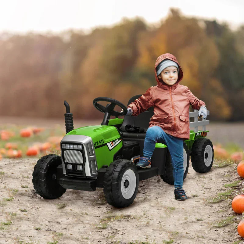 12V Ride on Tractor with Trailer, 25W Dual Motors, Battery Powered Electric Tractor with Remote Control