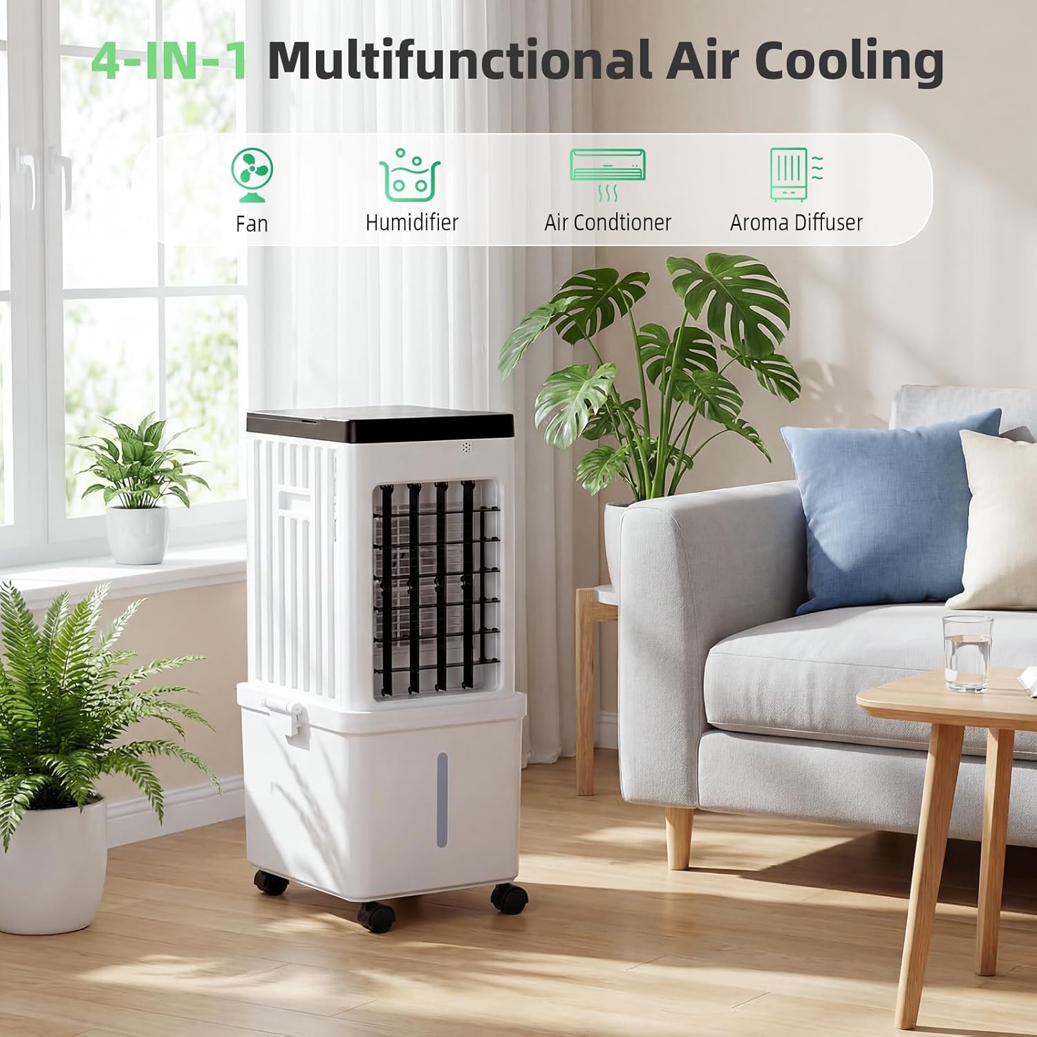 Portable Air Conditioners, Swamp Cooler with 4 Wind Modes, 3 Speeds, 3.5-Gallon Water Tank for Evaporative Air Cooler Long Cooling, 45 dB Windowless Air Conditioner 120° Oscillation 4 Ice Packs