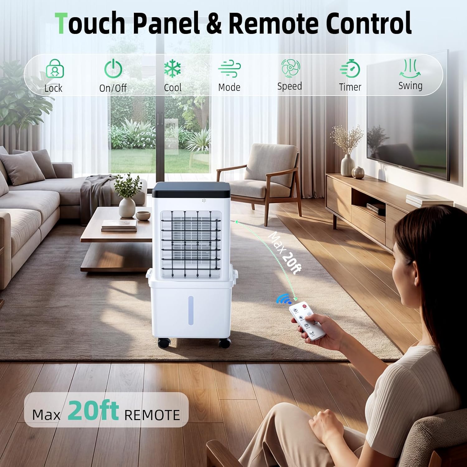 Portable Air Conditioners, Swamp Cooler with 4 Wind Modes, 3 Speeds, 3.5-Gallon Water Tank for Evaporative Air Cooler Long Cooling, 45 dB Windowless Air Conditioner 120° Oscillation 4 Ice Packs