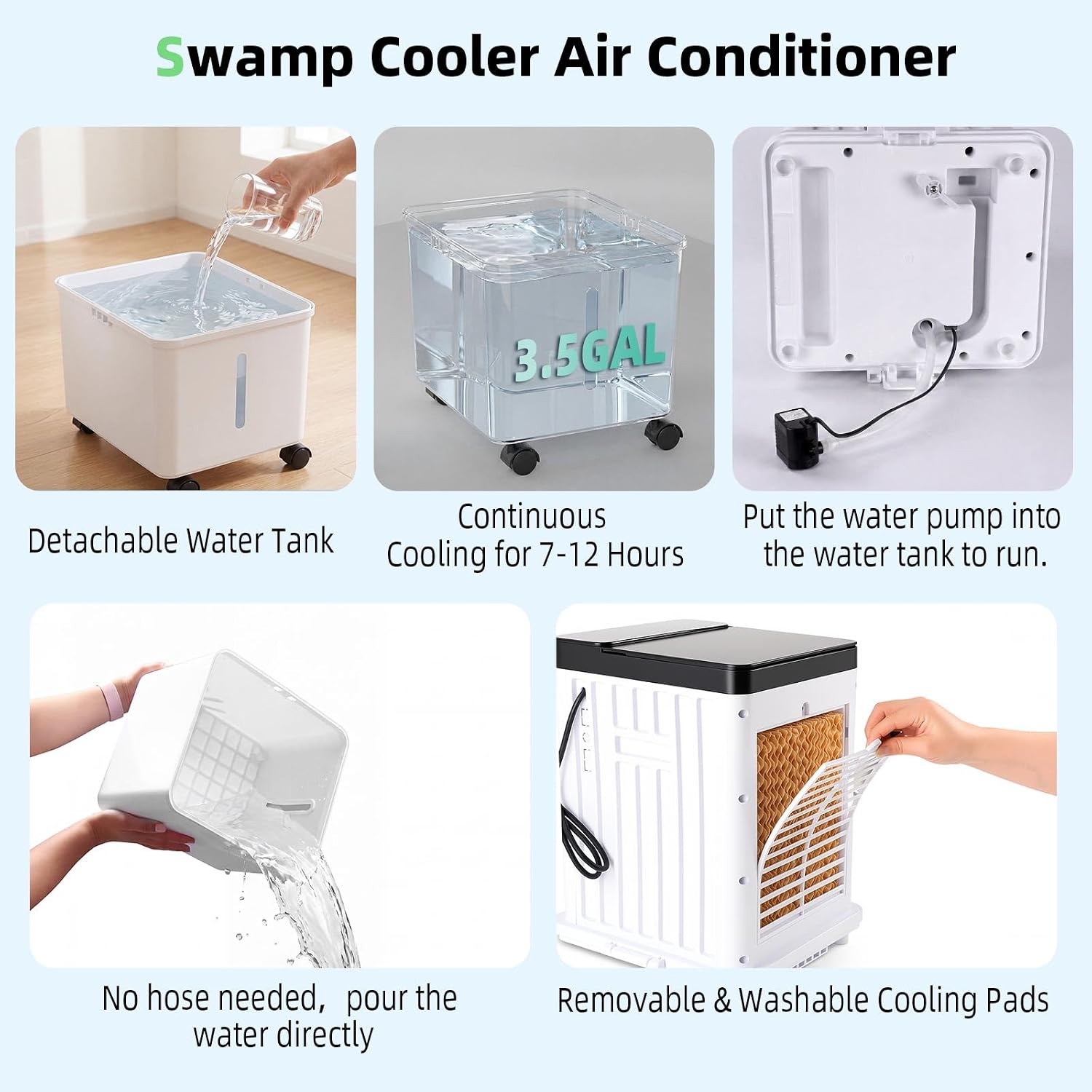 Portable Air Conditioners, Swamp Cooler with 4 Wind Modes, 3 Speeds, 3.5-Gallon Water Tank for Evaporative Air Cooler Long Cooling, 45 dB Windowless Air Conditioner 120° Oscillation 4 Ice Packs