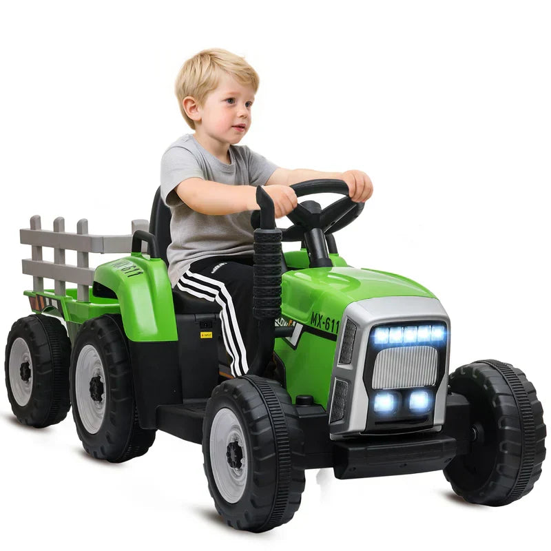 12V Ride on Tractor with Trailer, 25W Dual Motors, Battery Powered Electric Tractor with Remote Control