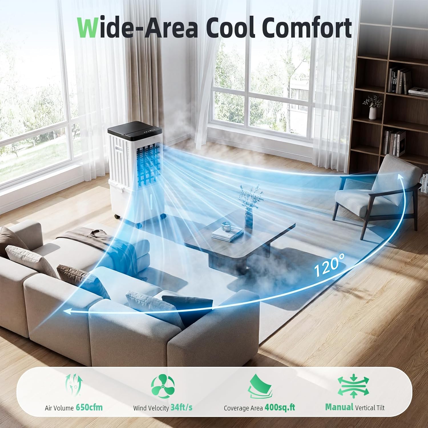 Portable Air Conditioners, Swamp Cooler with 4 Wind Modes, 3 Speeds, 3.5-Gallon Water Tank for Evaporative Air Cooler Long Cooling, 45 dB Windowless Air Conditioner 120° Oscillation 4 Ice Packs
