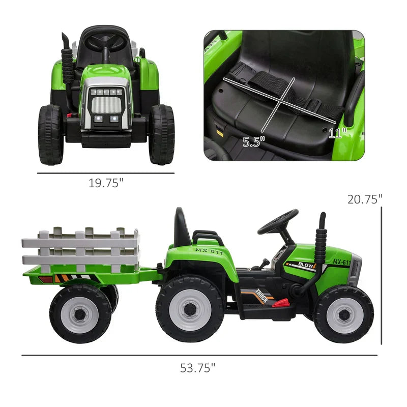 12V Ride on Tractor with Trailer, 25W Dual Motors, Battery Powered Electric Tractor with Remote Control